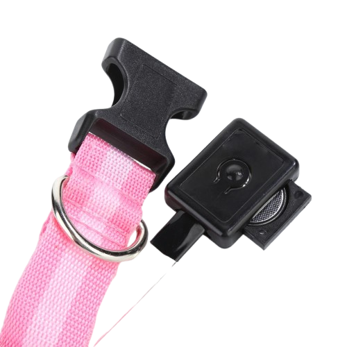 Collier pour Chihuahua rose avec éclairage LED. Elégant, pour offrir confort et sécurité à votre petit chien ou chat. Vue de la pile.