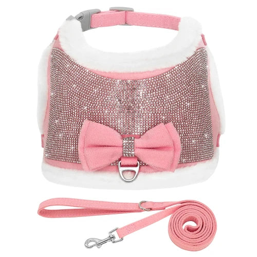Collier pour Chihuahua : Harnais rose et paillettes avec sa laisse. Tendance, pour offrir confort et sรฉcuritรฉ ร votre petit chien ou chat
