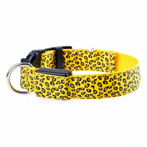 Collier pour chiens jaune aux motifs Léopard avec éclairage LED. Confortable, convient aux petits chiens, chihuahuas, ou aux chats. Vendu dans la boutique « Mon Petit Chihuahua »