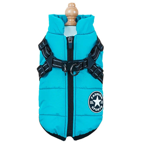 Manteau pour Chihuahua : Doudoune bleue avec harnais intΓ©grΓ© pour Chihuahua β Pratique, idΓ©ale pour votre petit chien ou chat