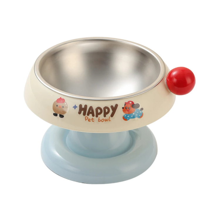 Gamelle surélevée pour chien, motifs Happy. Couleur blanc et bleu. Adaptée à tous les petits chiens et les chats. Vendue sur la boutique Mon Petit Chihuahua.