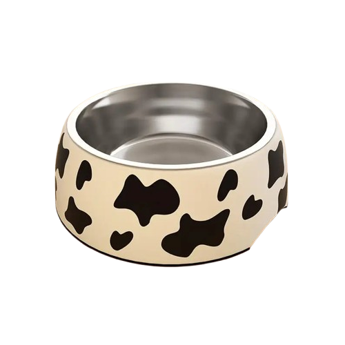 Gamelle Chien Inox beige motifs Vache adaptΓ©e aux petits chiens et aux chats. Vendue sur la boutique Mon Petit Chihuahua.