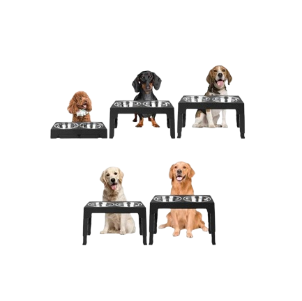 Gamelle double compartiment, réglable en hauteur, adaptée à tous les petits chiens et les gros. Vendue sur la boutique Mon Petit Chihuahua. Vue de toutes les tailles