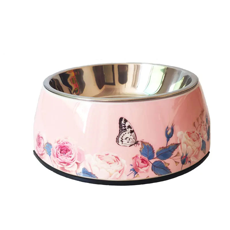 Dog Bowl: Pink stainless steel with flower patterns