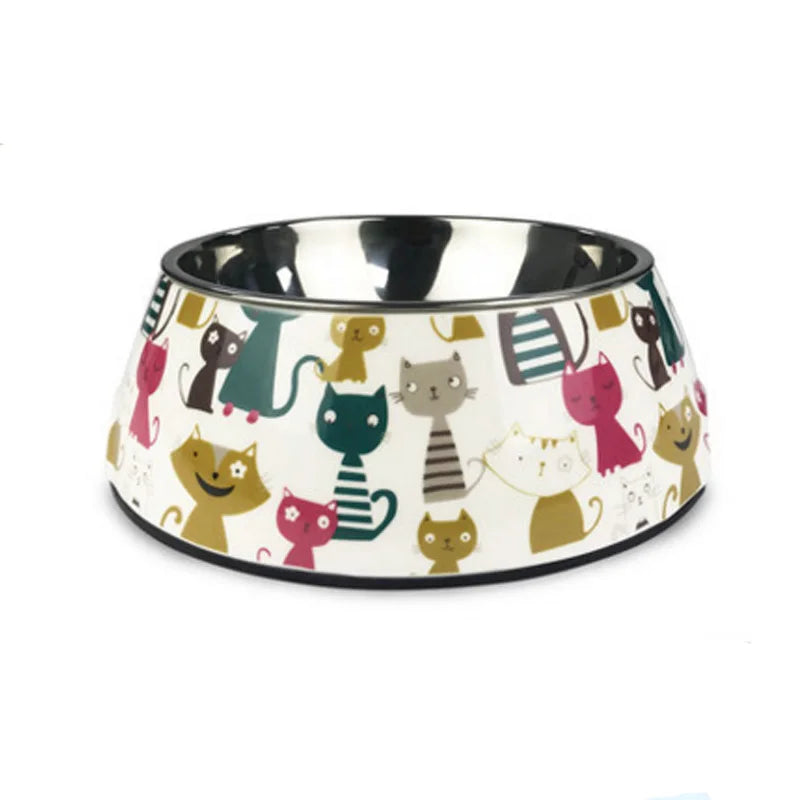 Dog Bowl: Stainless steel with multi-colored cat patterns