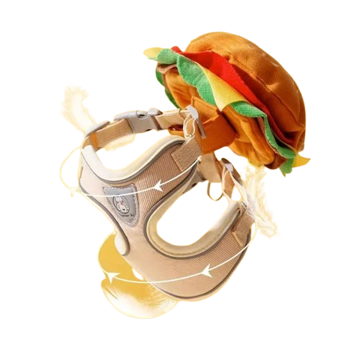 Harnais avec sac motif hamburger mcdo sur le dos et sa laisse assortie pour petit chien. Rรฉglable et confortable, convient aux petits chiens, chihuahuas, ou aux chats.