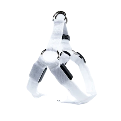 Harnais blanc lumineux LED pour petit chien. Rรฉglable et confortable, convient aux petits chiens, chihuahuas, ou aux chats.