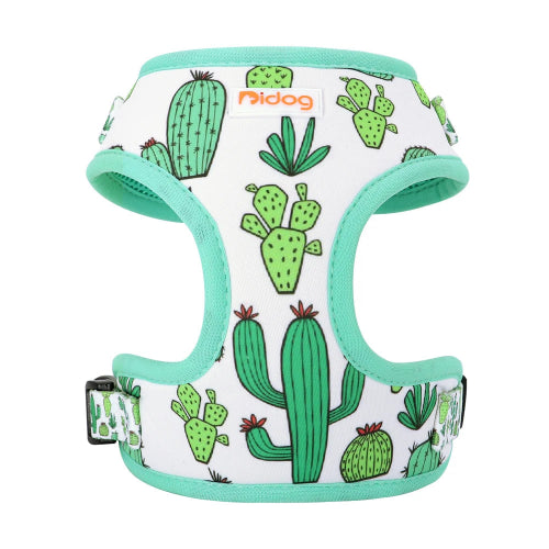 Harnais pour chiens blanc avec motifs cactus. Confortable, convient aux petits chiens, chihuahuas, ou aux chats. Vendu dans la boutique « Mon Petit Chihuahua »