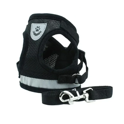 Harnais : gilet rรฉflรฉchissant noir pour petit chien avec sa laisse assortie. Confortable, convient aux petits chiens, chihuahuas, ou aux chats.