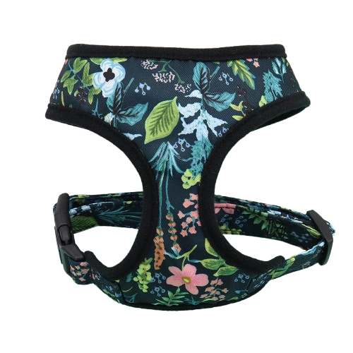 Harnais noir avec motifs fleurs pour chiens. Confortable, convient aux petits chiens, chihuahuas, ou aux chats. Vendu dans la boutique ยซย Mon Petit Chihuahuaย ยป