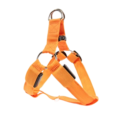 Harnais orange lumineux LED pour petit chien. Rรฉglable et confortable, convient aux petits chiens, chihuahuas, ou aux chats.