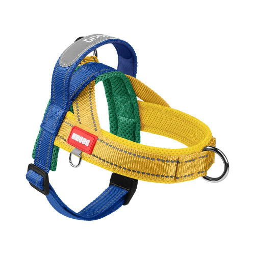 Harnais résistant bleu et jaune pour chiens. Confortable, convient aux petits chiens, chihuahuas, ou aux chats. Vendu dans la boutique « Mon Petit Chihuahua »
