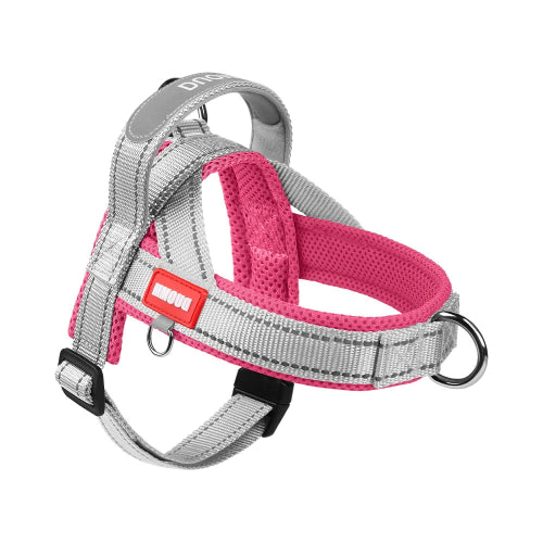 Harnais résistant gris et rose pour chiens. Confortable, convient aux petits chiens, chihuahuas, ou aux chats. Vendu dans la boutique « Mon Petit Chihuahua »