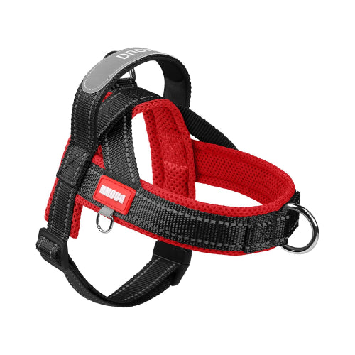 Harnais résistant noir et rouge pour chiens. Confortable, convient aux petits chiens, chihuahuas, ou aux chats. Vendu dans la boutique « Mon Petit Chihuahua »