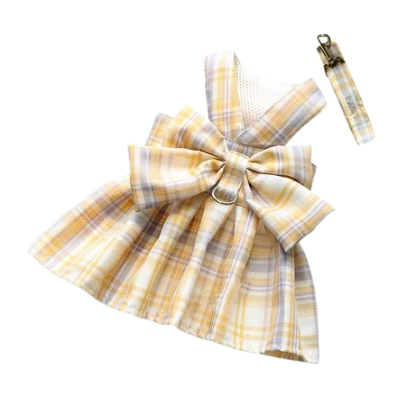 Harnais pour chiens en forme de Robe jaune à carreaux. Vendu avec sa Laisse assortie. Confortable, convient aux petits chiens, chihuahuas, ou aux chats. Vendu dans la boutique « Mon Petit Chihuahua »