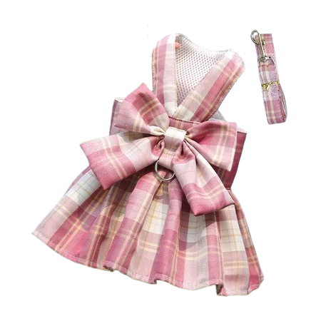 Harnais pour chiens en forme de Robe rose à carreaux. Vendu avec sa Laisse assortie. Confortable, convient aux petits chiens, chihuahuas, ou aux chats. Vendu dans la boutique « Mon Petit Chihuahua »