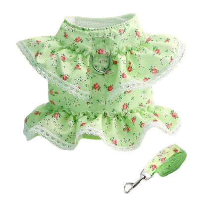 Harnais en forme de robe verte pour chiens. Vendu avec sa Laisse assortie. Confortable, convient aux petits chiens, chihuahuas, ou aux chats. Vendu dans la boutique « Mon Petit Chihuahua »