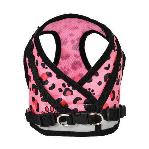 Harnais rose résistant avec motifs léopard pour chiens. Confortable, convient aux petits chiens, chihuahuas, ou aux chats.