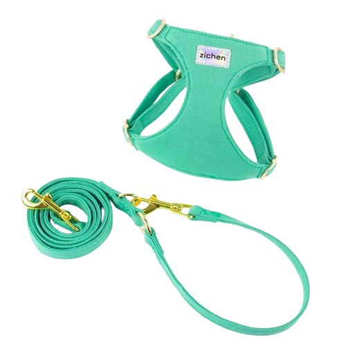 Harnais vert et doré pour chiens. Vendu avec sa Laisse assortie. Confortable, convient aux petits chiens, chihuahuas, ou aux chats. Vendu dans la boutique « Mon Petit Chihuahua »