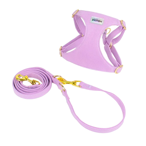 Harnais violet et doré pour chiens. Vendu avec sa Laisse assortie. Confortable, convient aux petits chiens, chihuahuas, ou aux chats. Vendu dans la boutique « Mon Petit Chihuahua »