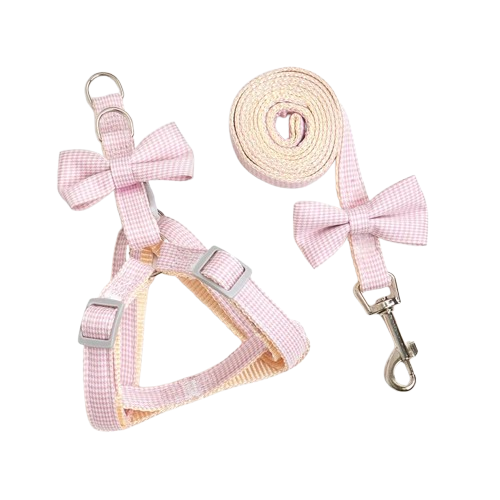 Harnais rose et sa laisse pour Chihuahua avec noeud papillon en relief – pour ajouter du style à votre petit chien ou chat