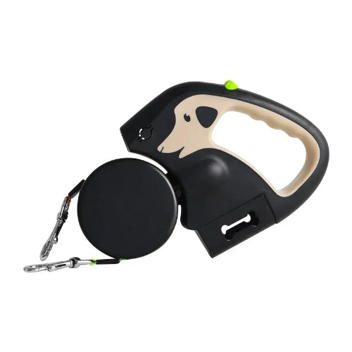 Double laisse rétractable noire et beige pour deux chiens. Pratique, convient aux petits chiens, chihuahuas, ou aux chats. Vendu dans la boutique « Mon Petit Chihuahua »