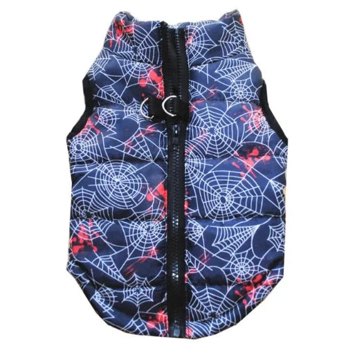 Manteau pour Chihuahua : doudoune bleue motifs toiles d'araignΓ©e β Confortable, parfait pour protΓ©ger votre petit chien ou chat pendant les promenades