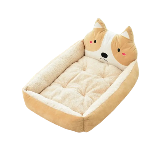 Niche beige style paniΓ¨re avec tΓͺte de Shiba pour Chihuahua β Confort maximal avec intΓ©rieur moelleux, parfait pour les petits chiens ou chats