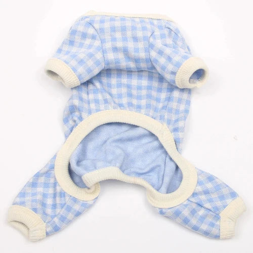Pyjama Γ carreaux bleu et blanc pour Chihuahua β Confortable, idΓ©al pour garder votre petit chien ou chat au chaud pendant la nuit - vue de dos