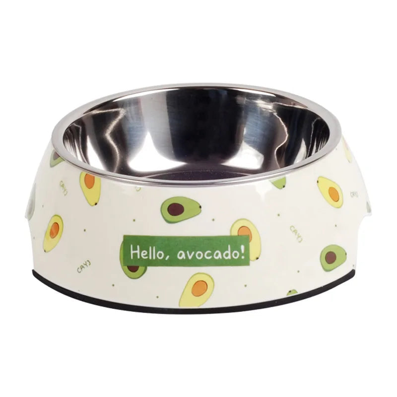 Dog Bowl: Beige stainless steel with avocado patterns