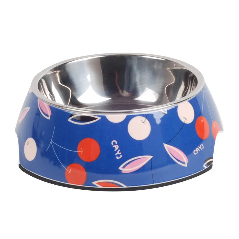 Dog Bowl: Blue stainless steel with cherry patterns