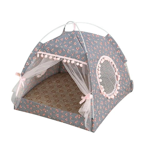 Niche pour Chihuahua : tente grise motifs fleurs β Confort maximal avec intΓ©rieur moelleux, parfait pour les petits chiens ou chats