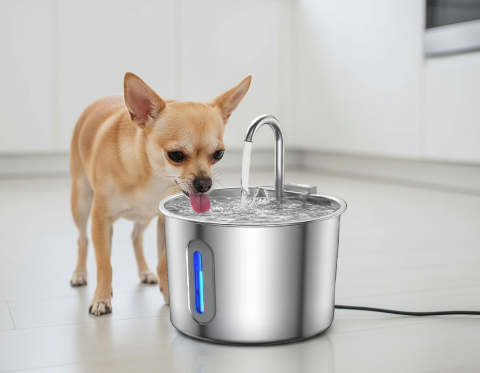 Photo d'un chihuahua qui boit dans une fontaine à eau. Illustration d'un article de blog publié sur la boutique Mon Petit Chihuahua. Thème de l'article : "fontaine à eau ou gamelle : que choisir pour votre petit chien ?"