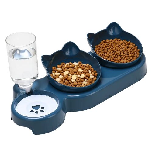 Gamelle triple bleu foncé avec réservoir d'eau et deux gamelles pour les croquettes et les pâtés pour un petit chien. Vendue sur la boutique Mon Petit Chihuahua. Convient aussi aux chats.