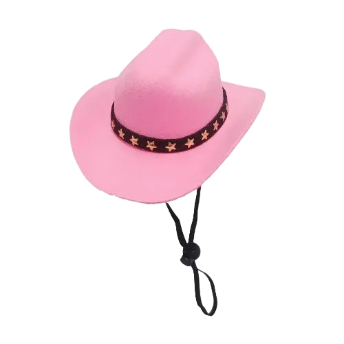 Chapeau de cow boy rose pour petit chien, avec lanière réglable. Accessoire élégant et amusant vendu sur la boutique Mon Petit Chihuahua. Convient aussi aux chats.
