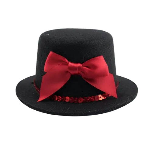 Chapeau haut de forme noir avec un noeud rouge pour petit chien, accessoire élégant et amusant vendu sur la boutique Mon Petit Chihuahua. Convient aussi aux chats.