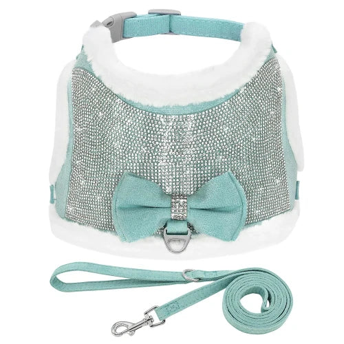Chihuahua Harness: Blue with Rhinestones + Leash