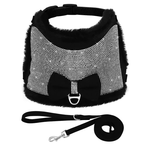 Chihuahua Harness: Black with Rhinestones + Leash