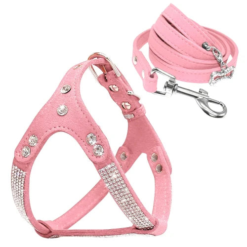Chihuahua Harness: Pink Rhinestones + Leash
