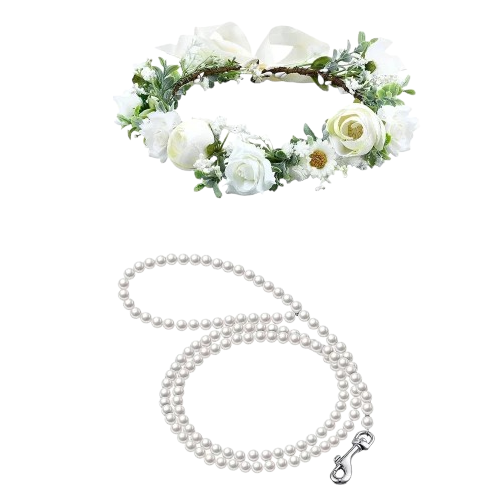 Chihuahua Collar: Wedding Flowers + Pearl Leash
