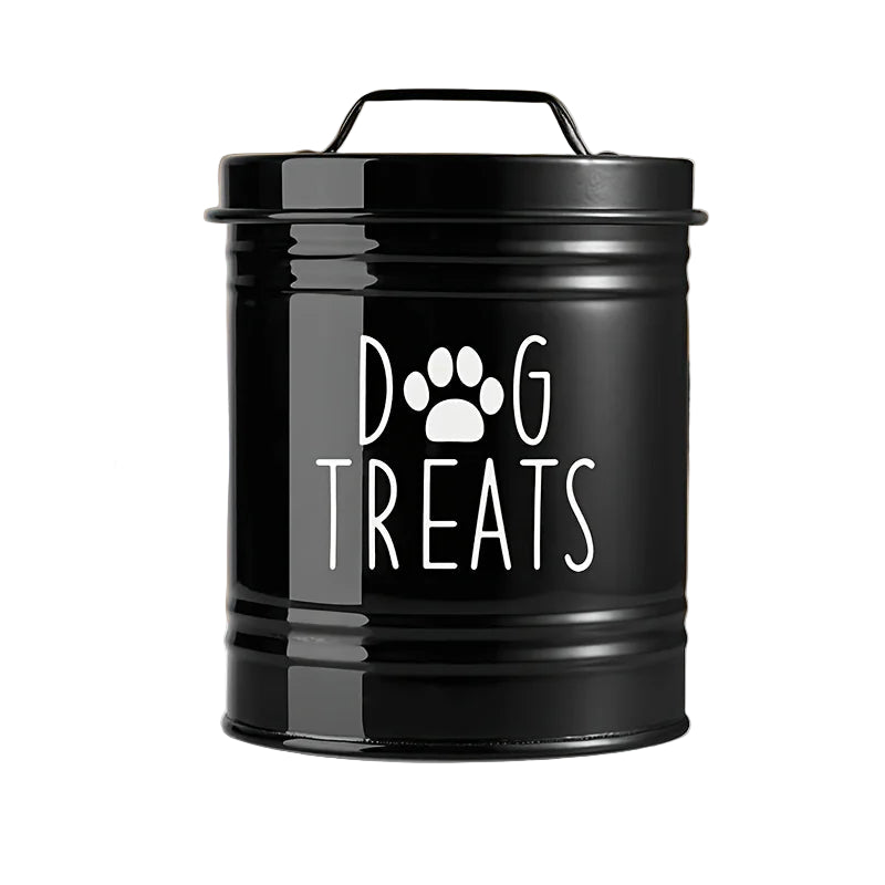 Boite à croquettes en métal, couleur noire. Pour la nourriture des petits chiens et chats. Vendue sur la boutique Mon Petit Chihuahua.