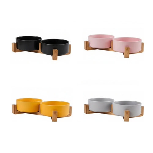 Gamelle en céramique colorée avec support en bois. Adaptée pour les croquettes et l'eau. Convient à tous les petits chiens et les chats. Vendue sur la boutique Mon Petit Chihuahua. Vue des 4 modèles disponibles