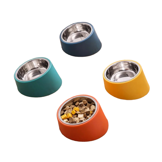 Gamelle en inox , avec support en plastique incliné. Adaptée aux petits chiens et aux chats. Vendue sur la boutique Mon Petit Chihuahua. Vue des couleurs disponibles : bleu, vert, jaune, orange.