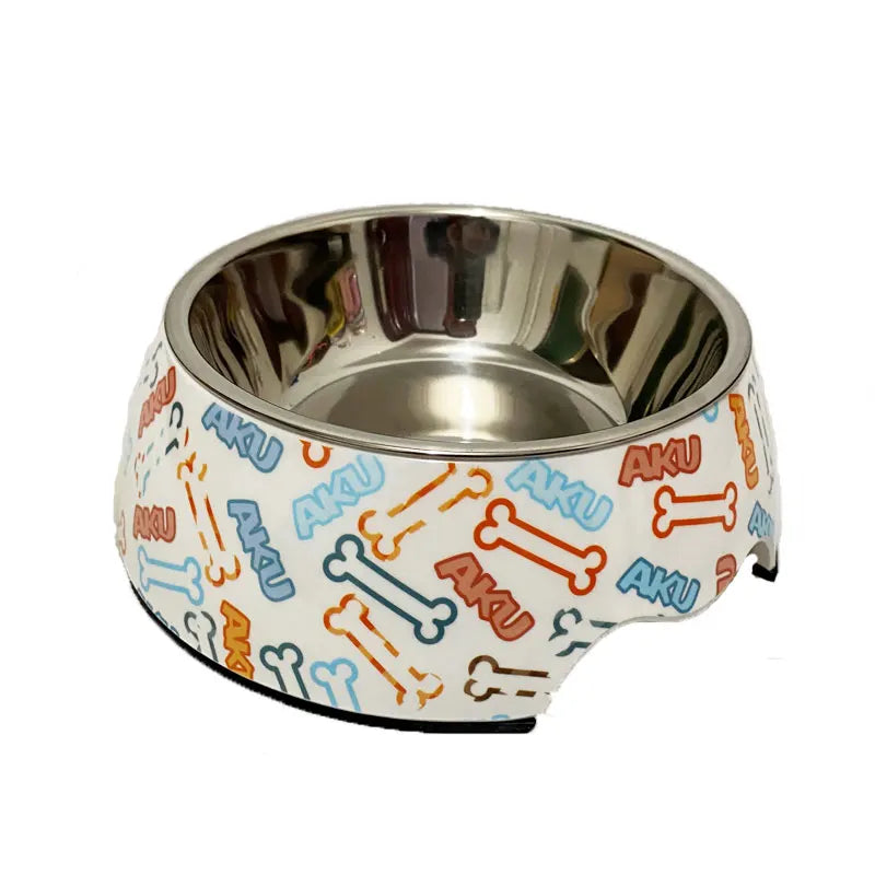 Gamelle Chien Inox beige motifs OS adaptée aux petits chiens et aux chats. Vendue sur la boutique Mon Petit Chihuahua.
