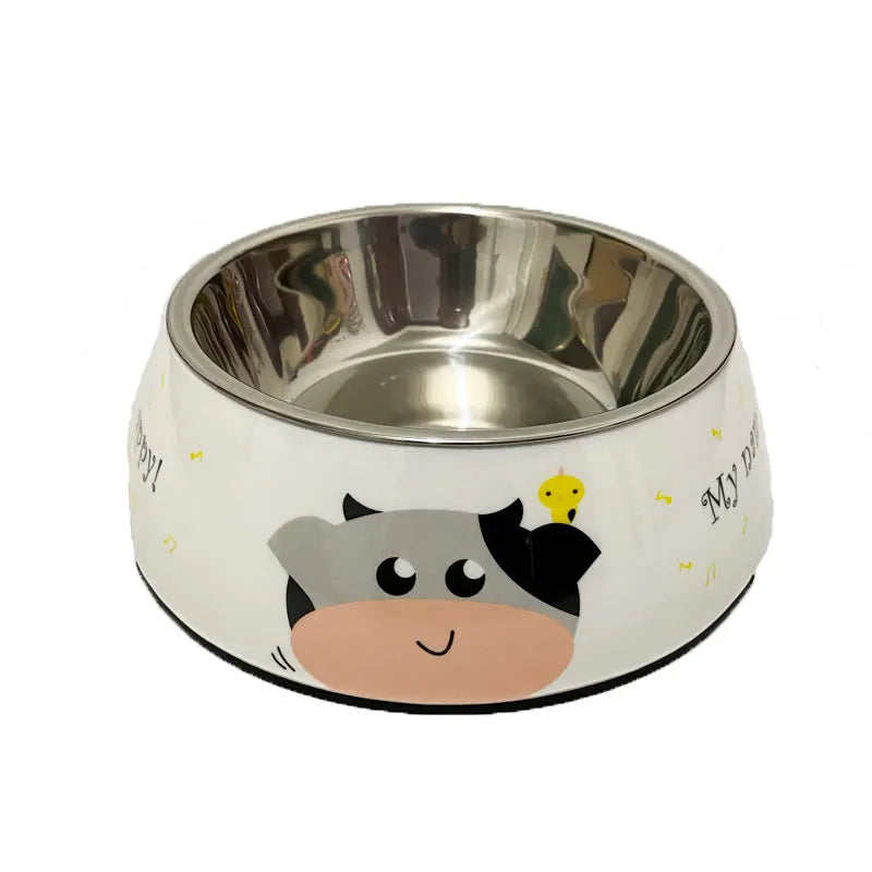 Gamelle Chien Inox beige motifs Vache adaptée aux petits chiens et aux chats. Vendue sur la boutique Mon Petit Chihuahua.
