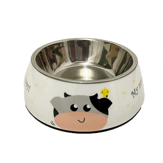 Gamelle Chien Inox beige motifs Vache adaptée aux petits chiens et aux chats. Vendue sur la boutique Mon Petit Chihuahua.
