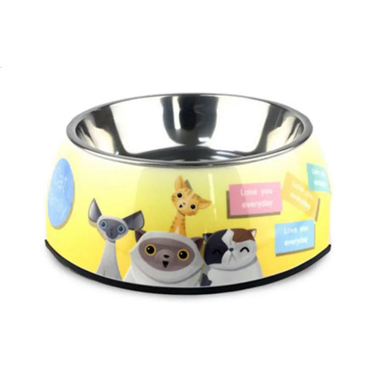 Gamelle Chien Inox jaune motifs Chats adaptée aux petits chiens et aux chats. Vendue sur la boutique Mon Petit Chihuahua.
