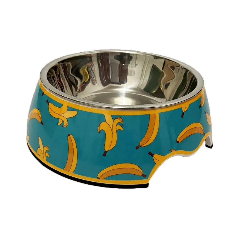 Gamelle Chien Inox motifs Bananes adaptée aux petits chiens et aux chats. Vendue sur la boutique Mon Petit Chihuahua.
