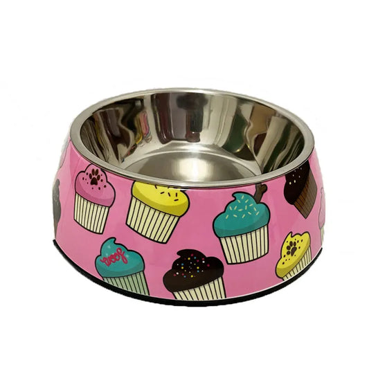 Gamelle Chien Inox rose motifs Muffins adaptée aux petits chiens et aux chats. Vendue sur la boutique Mon Petit Chihuahua.
