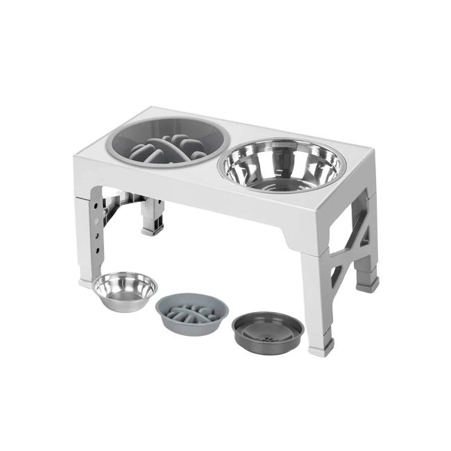 Gamelle double compartiment, réglable en hauteur, adaptée à tous les petits chiens et les gros. Vendue sur la boutique Mon Petit Chihuahua. Couleur blanc